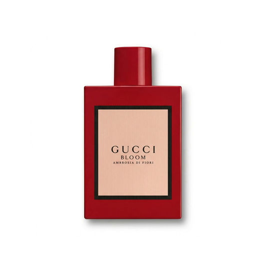 Bottle of Gucci Bloom Ambrosia di Fiori EDP fragrance on a white background with soft shadow