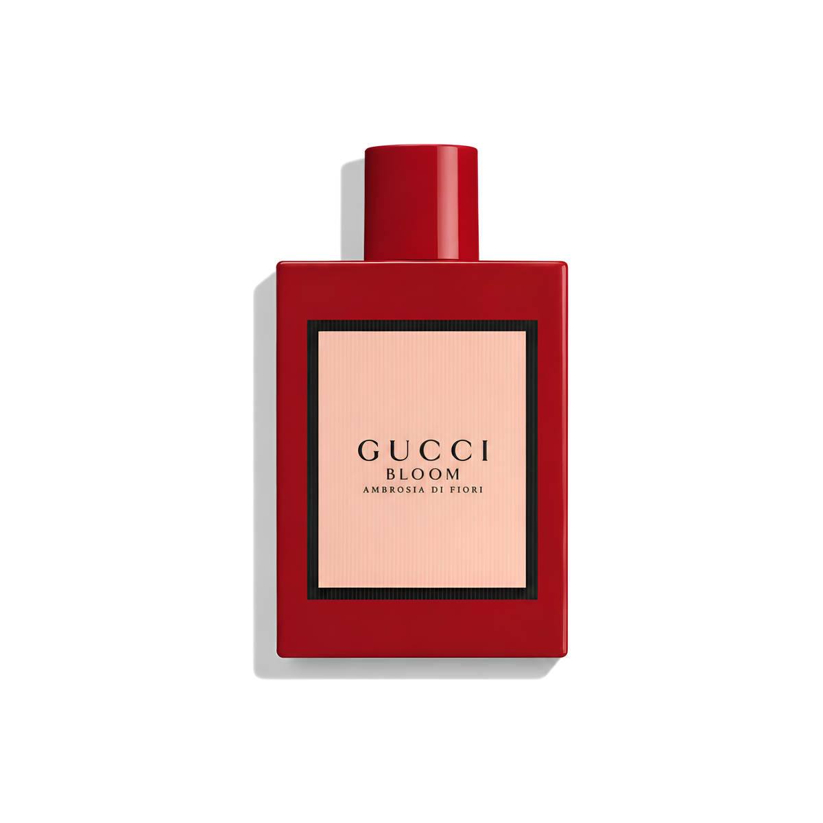 Bottle of Gucci Bloom Ambrosia di Fiori EDP fragrance on a white background with soft shadow