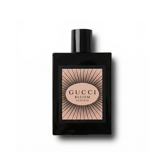 Bottle of Gucci Bloom Intense EDP fragrance on a white background with soft shadow