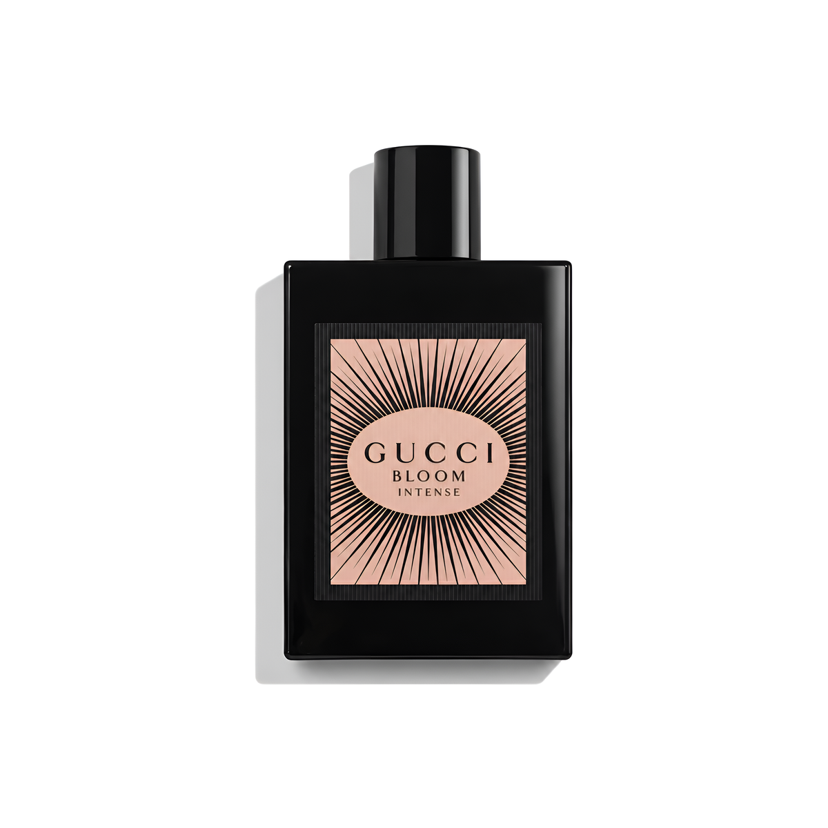 Bottle of Gucci Bloom Intense EDP fragrance on a white background with soft shadow