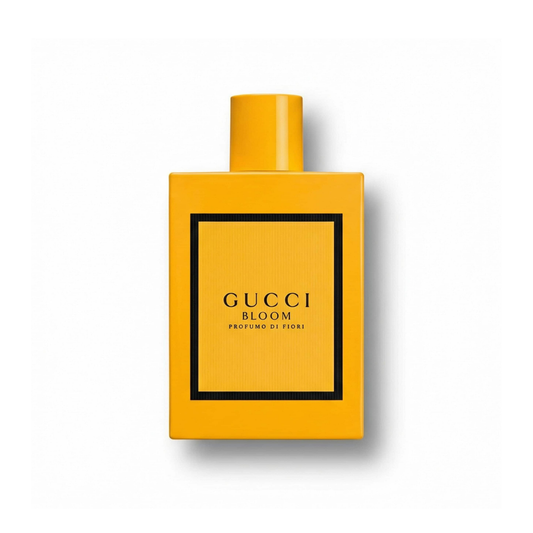 Bottle of Gucci Bloom Profumo di Fiori EDP fragrance on a white background with soft shadow