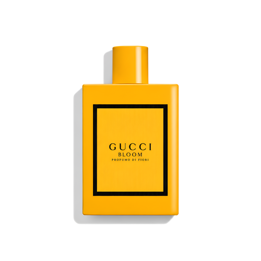 Bottle of Gucci Bloom Profumo di Fiori EDP fragrance on a white background with soft shadow
