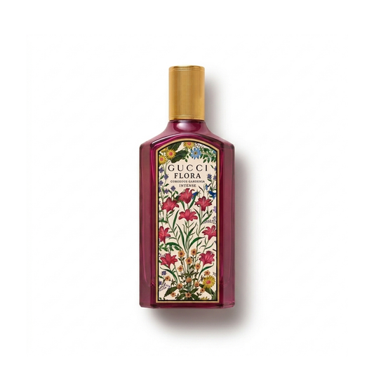Bottle of Gucci Flora Gorgeous Gardenia Intense EDP fragrance on a white background with soft shadow