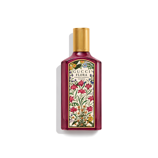 Bottle of Gucci Flora Gorgeous Gardenia Intense EDP fragrance on a white background with soft shadow