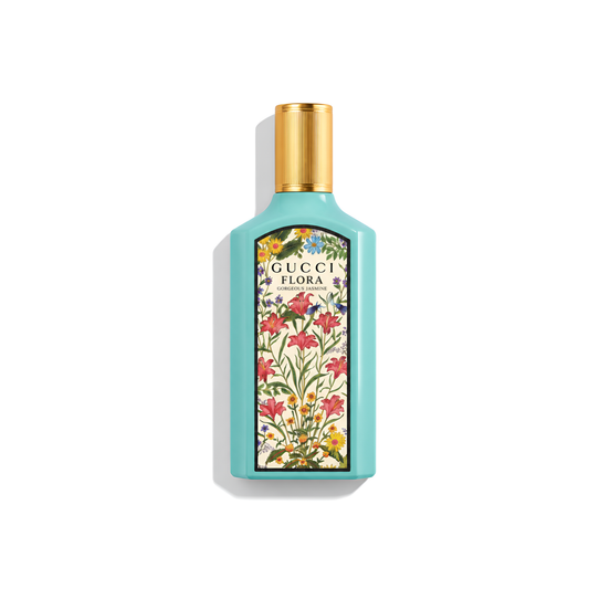 Bottle of Gucci Gorgeous Jasmine EDP fragrance on a white background with soft shadow