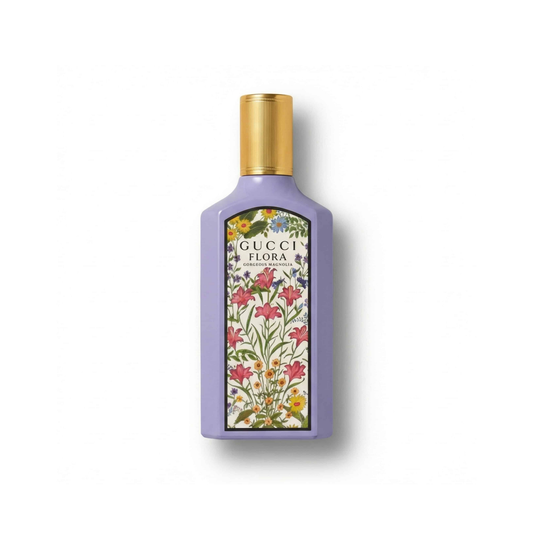 Bottle of Gucci Gorgeous Magnolia EDP fragrance on a white background with soft shadow