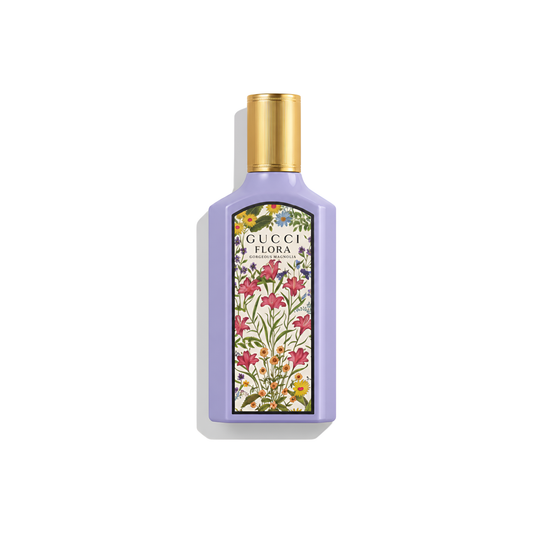 Bottle of Gucci Gorgeous Magnolia EDP fragrance on a white background with soft shadow
