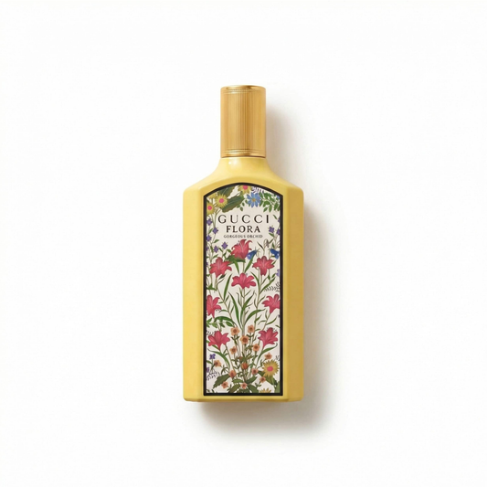 Bottle of Gucci Gorgeous Orchid EDP fragrance on a white background with soft shadow