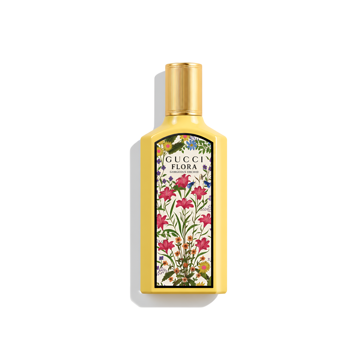 Bottle of Gucci Gorgeous Orchid EDP fragrance on a white background with soft shadow
