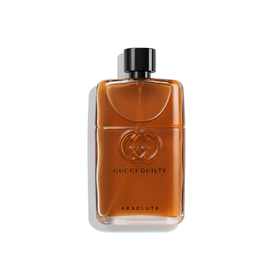 Bottle of Gucci Guilty Absolute EDP fragrance on a white background with soft shadow