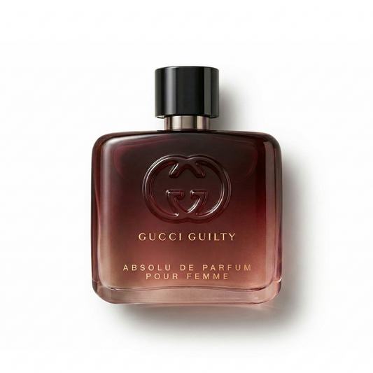 Bottle of Gucci Guilty Pour Femme Absolu De Parfum fragrance on a white background with soft shadow