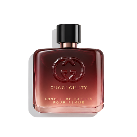 Bottle of Gucci Guilty Pour Femme Absolu De Parfum fragrance on a white background with soft shadow