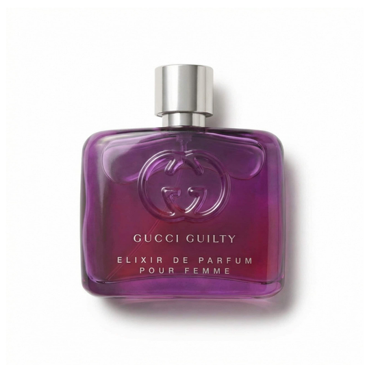 Bottle of Gucci Guilty Pour Femme Elixir fragrance on a white background with soft shadow