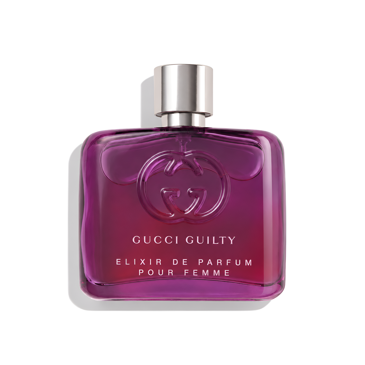 Bottle of Gucci Guilty Pour Femme Elixir fragrance on a white background with soft shadow