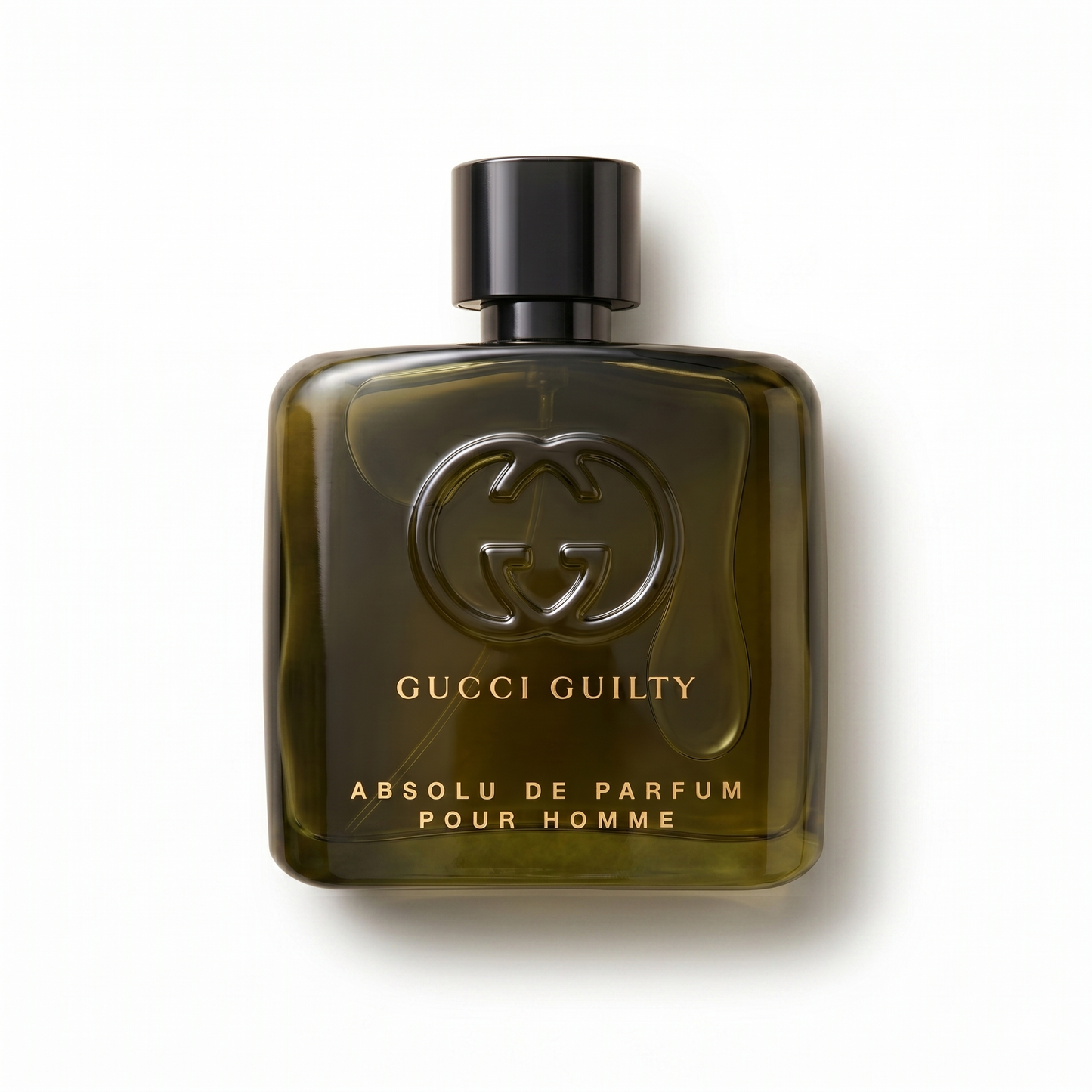 Bottle of Gucci Guilty Pour Homme Absolu De Parfum fragrance on a white background with soft shadow