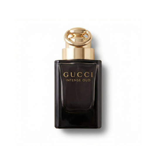 Bottle of Gucci Intense Oud EDP fragrance on a white background with soft shadow