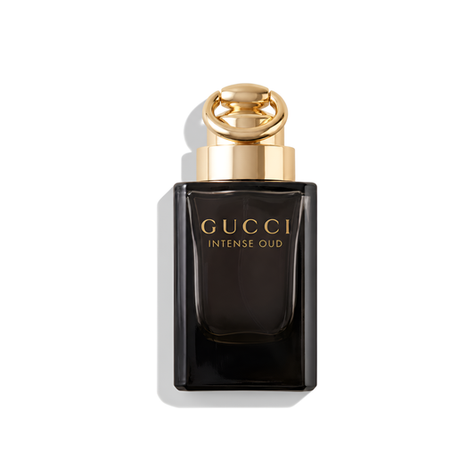 Bottle of Gucci Intense Oud EDP fragrance on a white background with soft shadow