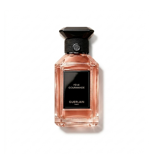 Bottle of Guerlain Fève Gourmande EDP fragrance on a white background with soft shadow
