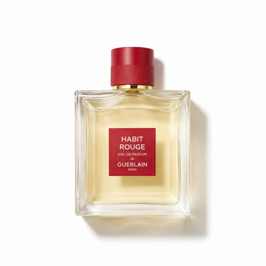 Bottle of Guerlain Habit Rouge EDP fragrance on a white background with soft shadow