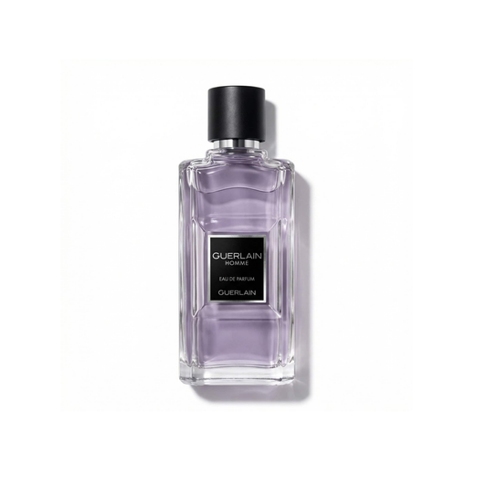 Bottle of Guerlain Homme EDP fragrance on a white background with soft shadow