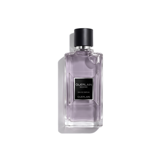 Bottle of Guerlain Homme EDP fragrance on a white background with soft shadow
