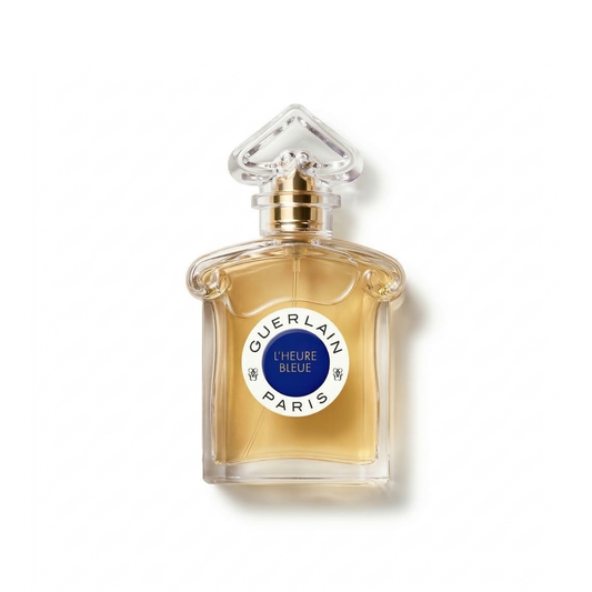 Bottle of Guerlain L'Heure Bleue EDP fragrance on a white background with soft shadow