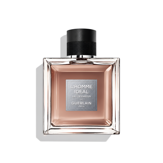 Bottle of Guerlain L’Homme Ideal EDT fragrance on a white background with soft shadow