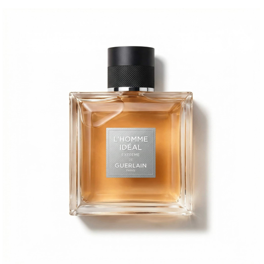 Bottle of Guerlain L’Homme Ideal Extreme EDP fragrance on a white background with soft shadow