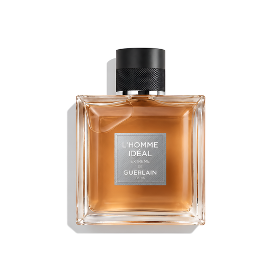 Bottle of Guerlain L’Homme Ideal Extreme EDP fragrance on a white background with soft shadow