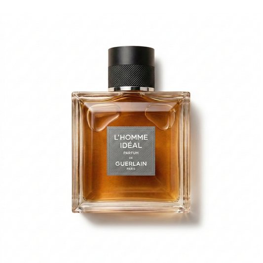 Bottle of Guerlain L'Homme Ideal Parfum fragrance on a white background with soft shadow