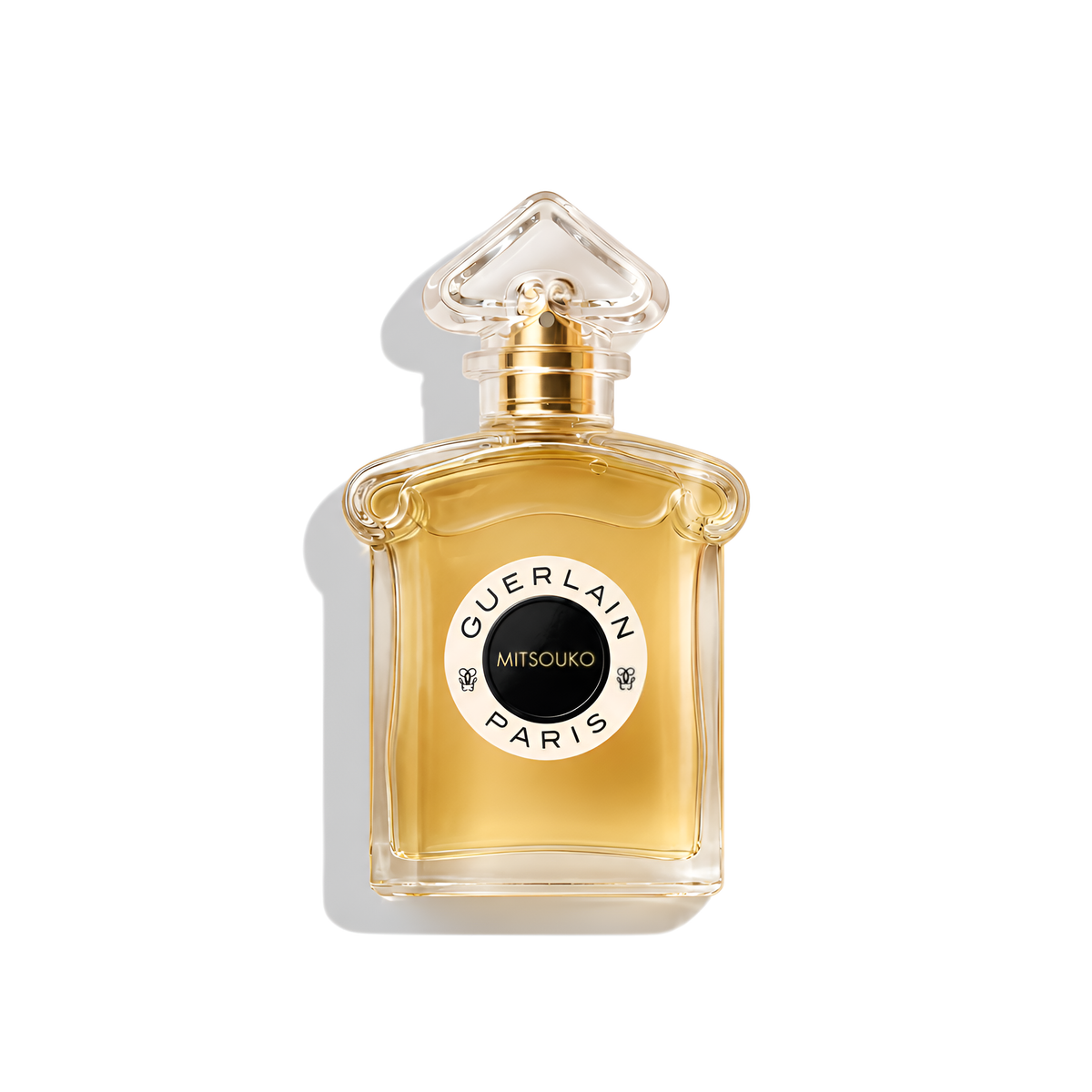 Bottle of Guerlain Mitsouko EDP fragrance on a white background with soft shadow