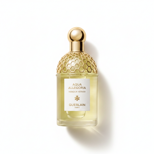 Bottle of Guerlain Nerolia Vetiver Forte EDP fragrance on a white background with soft shadow