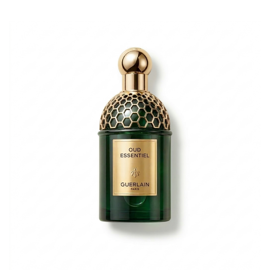 Bottle of Guerlain Oud Essentiel EDP fragrance on a white background with soft shadow