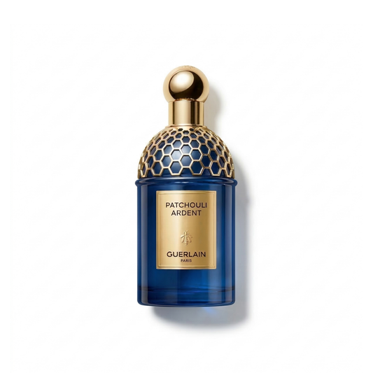 Bottle of Guerlain Patchouli Ardent EDP fragrance on a white background with soft shadow