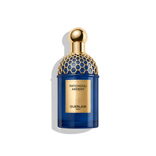 Bottle of Guerlain Patchouli Ardent EDP fragrance on a white background with soft shadow