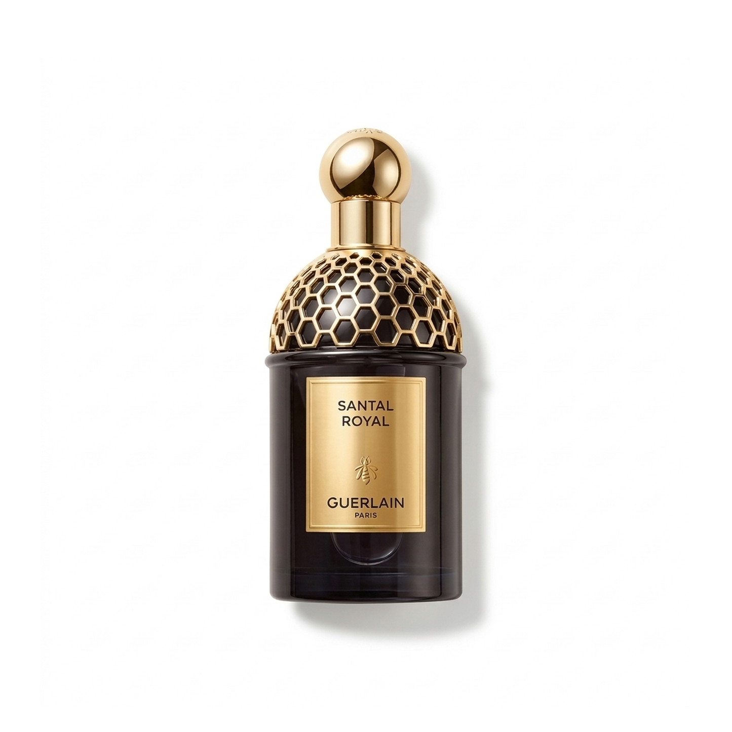 Bottle of Guerlain Santal Royal EDP fragrance on a white background with soft shadow