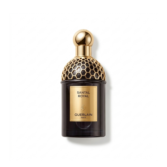 Bottle of Guerlain Santal Royal EDP fragrance on a white background with soft shadow