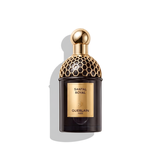 Bottle of Guerlain Santal Royal EDP fragrance on a white background with soft shadow