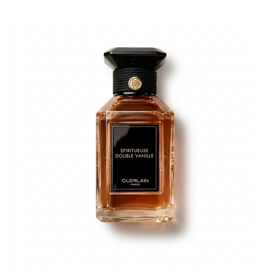 Bottle of Guerlain Spiritueuse Double Vanille EDP fragrance on a white background with soft shadow