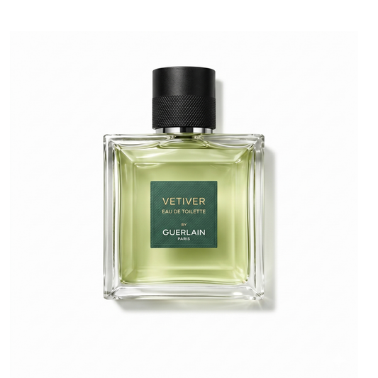 Bottle of Guerlain Vetiver EDT fragrance on a white background with soft shadow