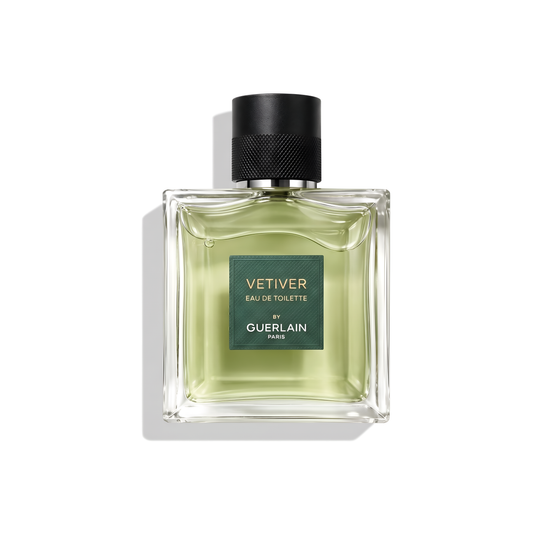 Bottle of Guerlain Vetiver EDT fragrance on a white background with soft shadow