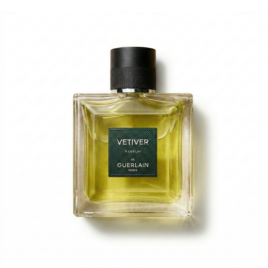 Bottle of Guerlain Vetiver Parfum Parfum fragrance on a white background with soft shadow