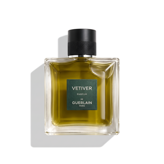 Bottle of Guerlain Vetiver Parfum fragrance on a white background with soft shadow