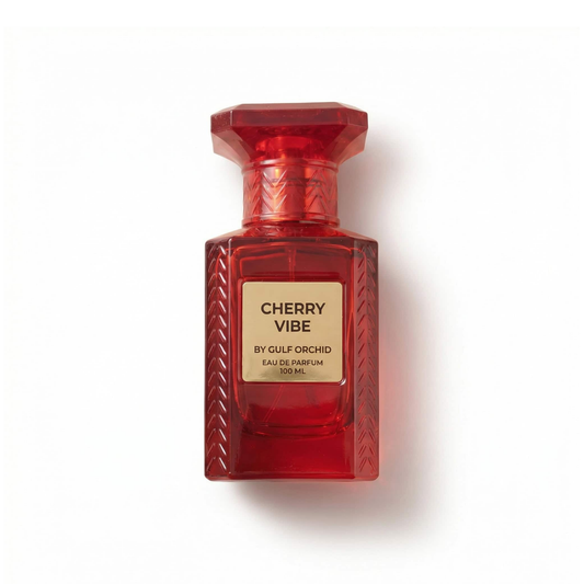 Bottle of Gulf Orchid Cherry vibe EDP fragrance on a white background with soft shadow