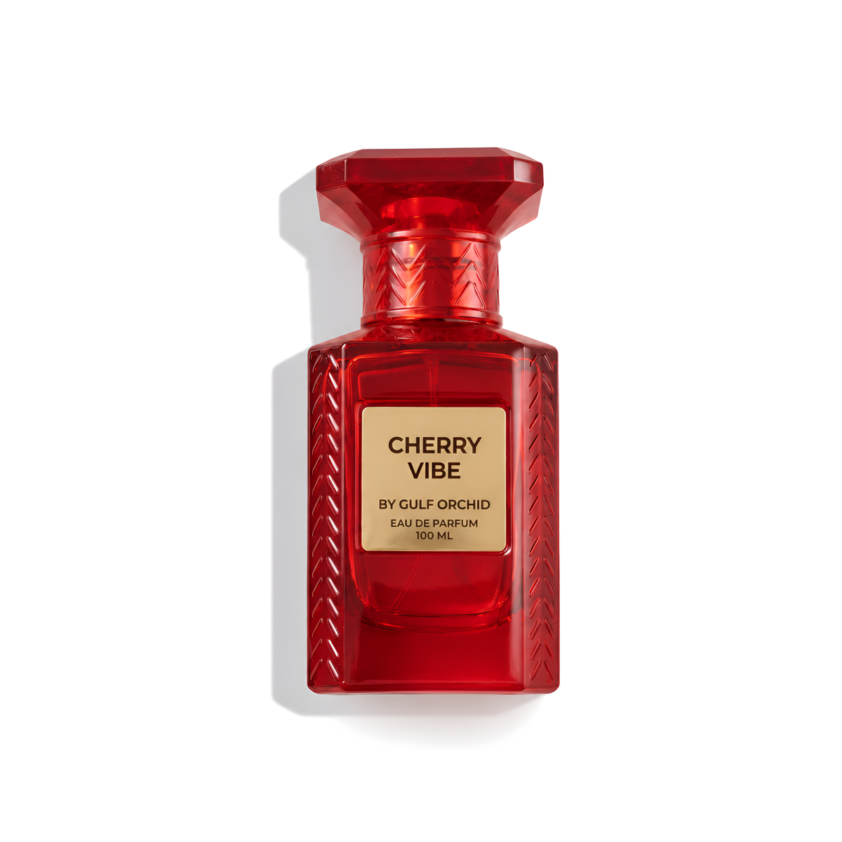 Bottle of Gulf Orchid Cherry vibe EDP fragrance on a white background with soft shadow
