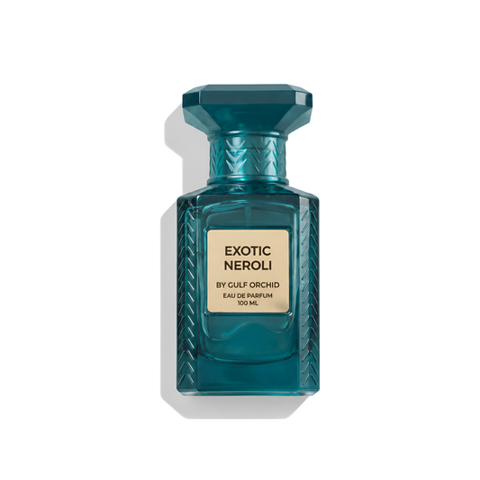 Bottle of Gulf Orchid Exotic neroli EDP fragrance on a white background with soft shadow
