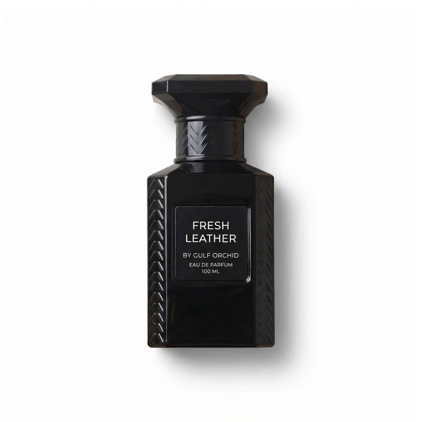 Bottle of Gulf Orchid Fresh leather EDP fragrance on a white background with soft shadow