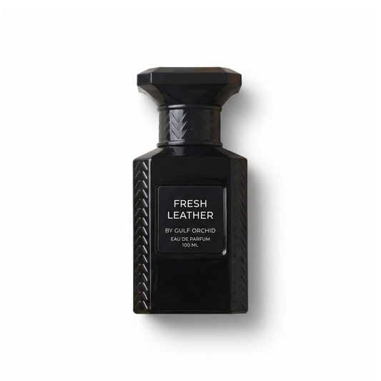 Bottle of Gulf Orchid Fresh leather EDP fragrance on a white background with soft shadow