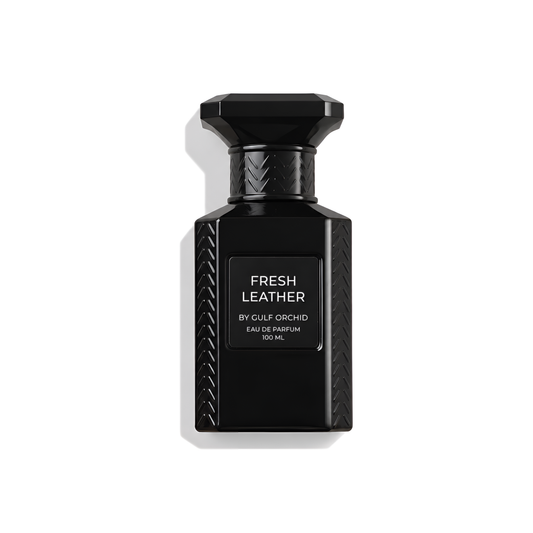 Bottle of Gulf Orchid Fresh leather EDP fragrance on a white background with soft shadow