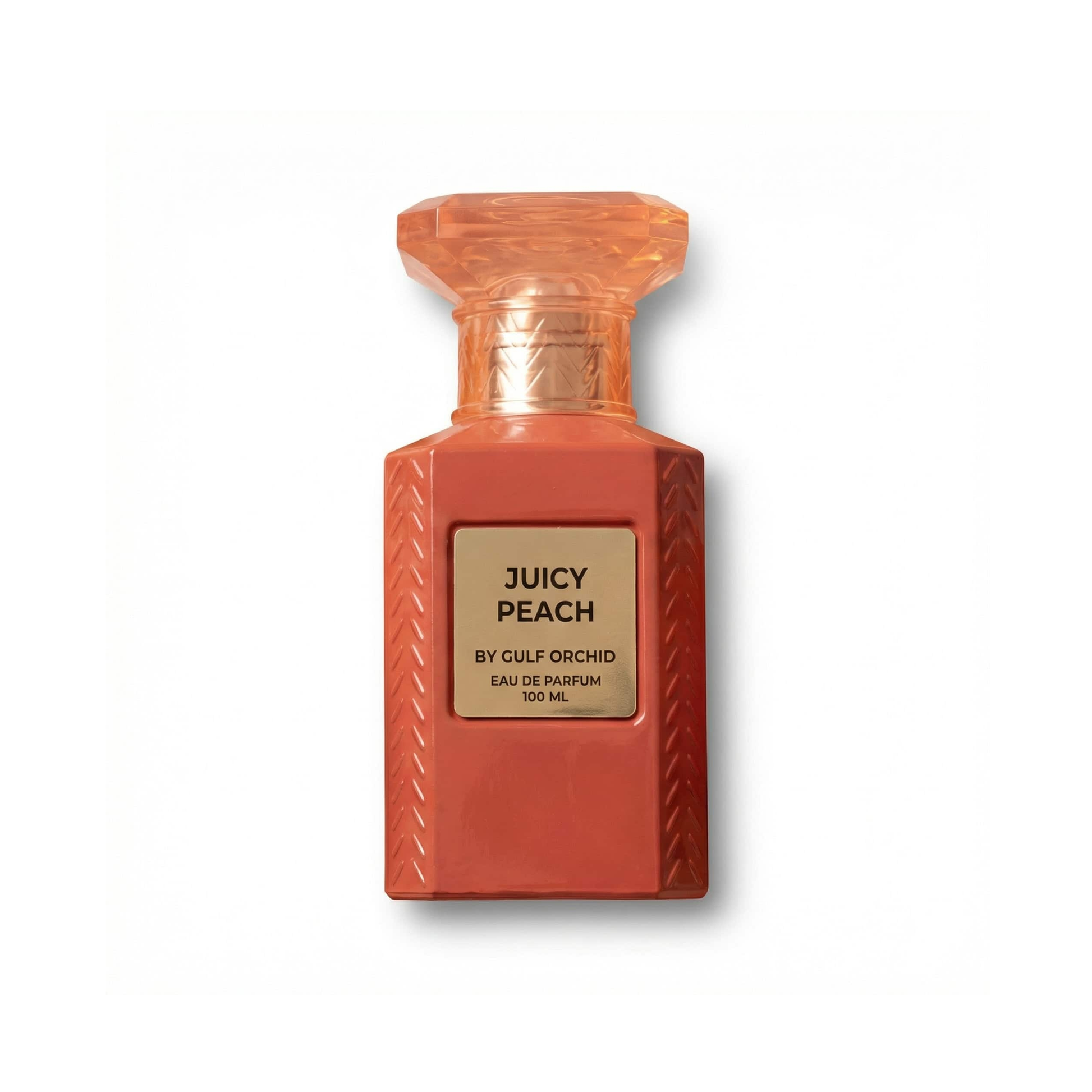 Bottle of Gulf Orchid Juicy peach EDP fragrance on a white background with soft shadow